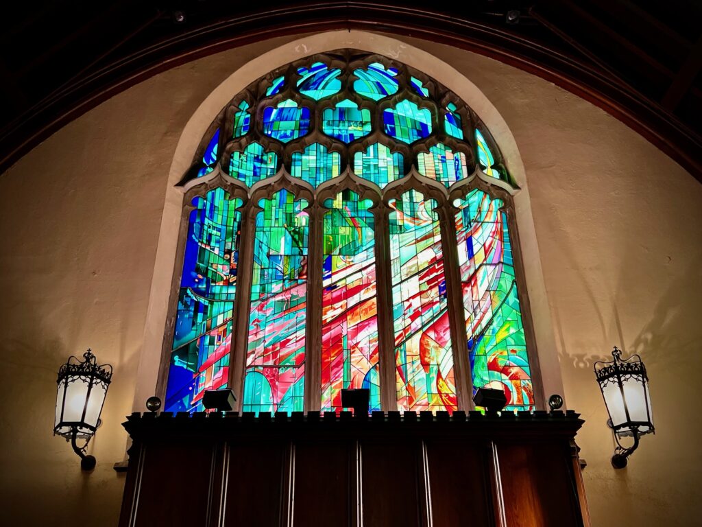 Colorful stained glass windows in the Phillips Church