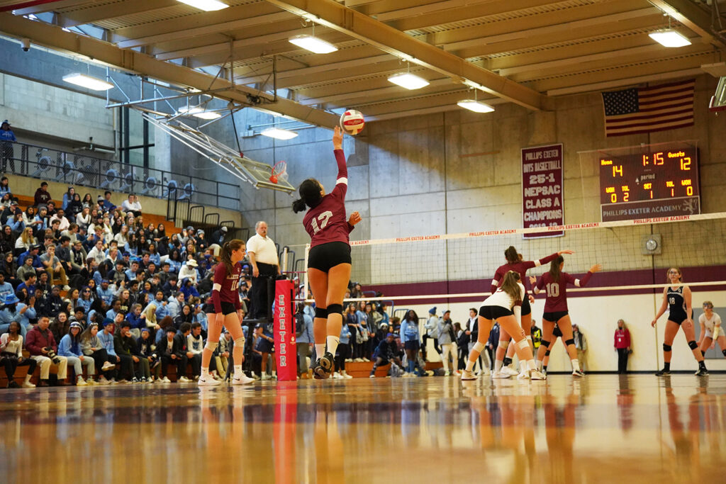 Volleyball player jumps to spike ball over net