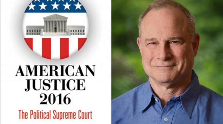 Lincoln Caplan headshot alongside a cover of his book American Justice 2016.