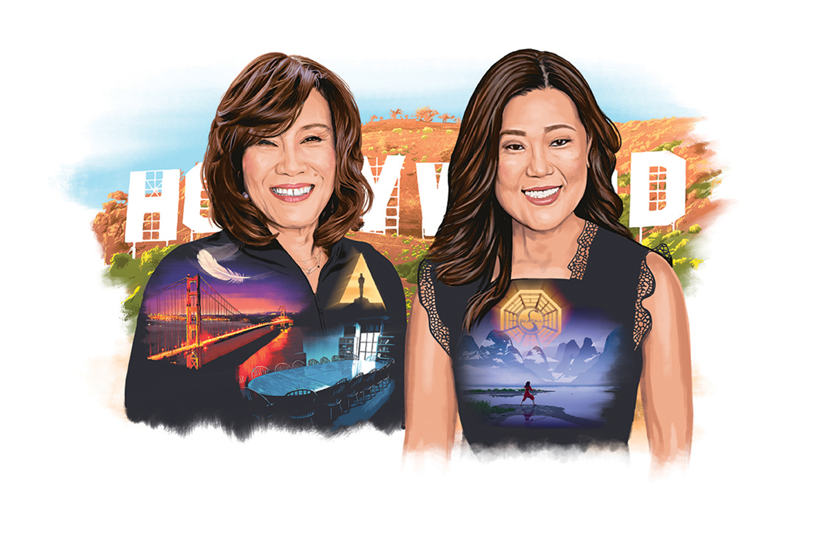 Cartoon drawing of Christina Kim and Janet Yang in front of the Hollywood sign