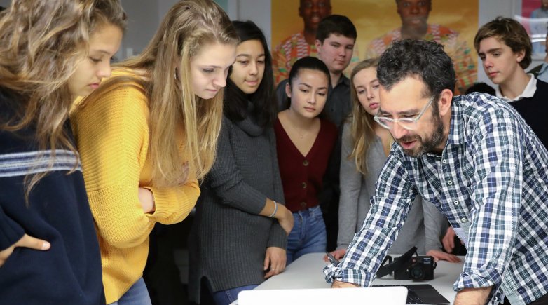 Philip Andelman with film students at Phillips Exeter Academy. 