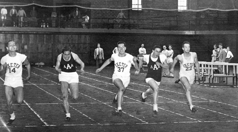 Exeter and Andover sprinters from 1952 competing in an indoor track meet