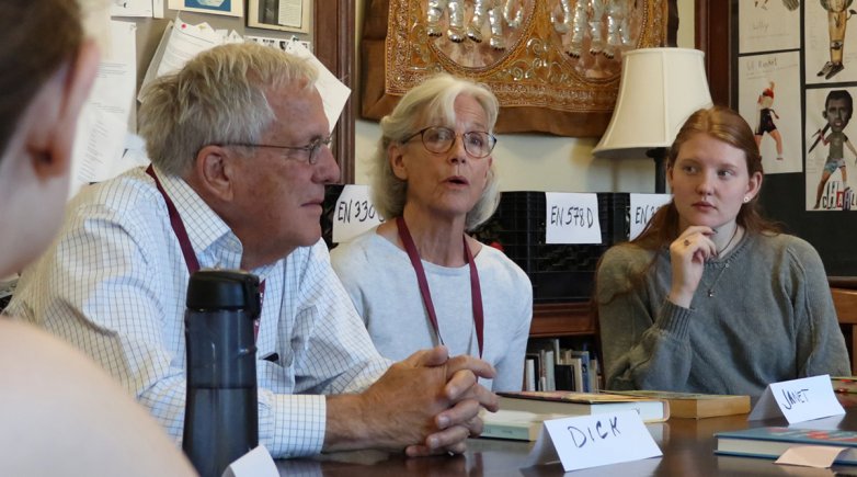 Janet Taylor Lisle and her husband Dick Lisle sit in on Exeter English class