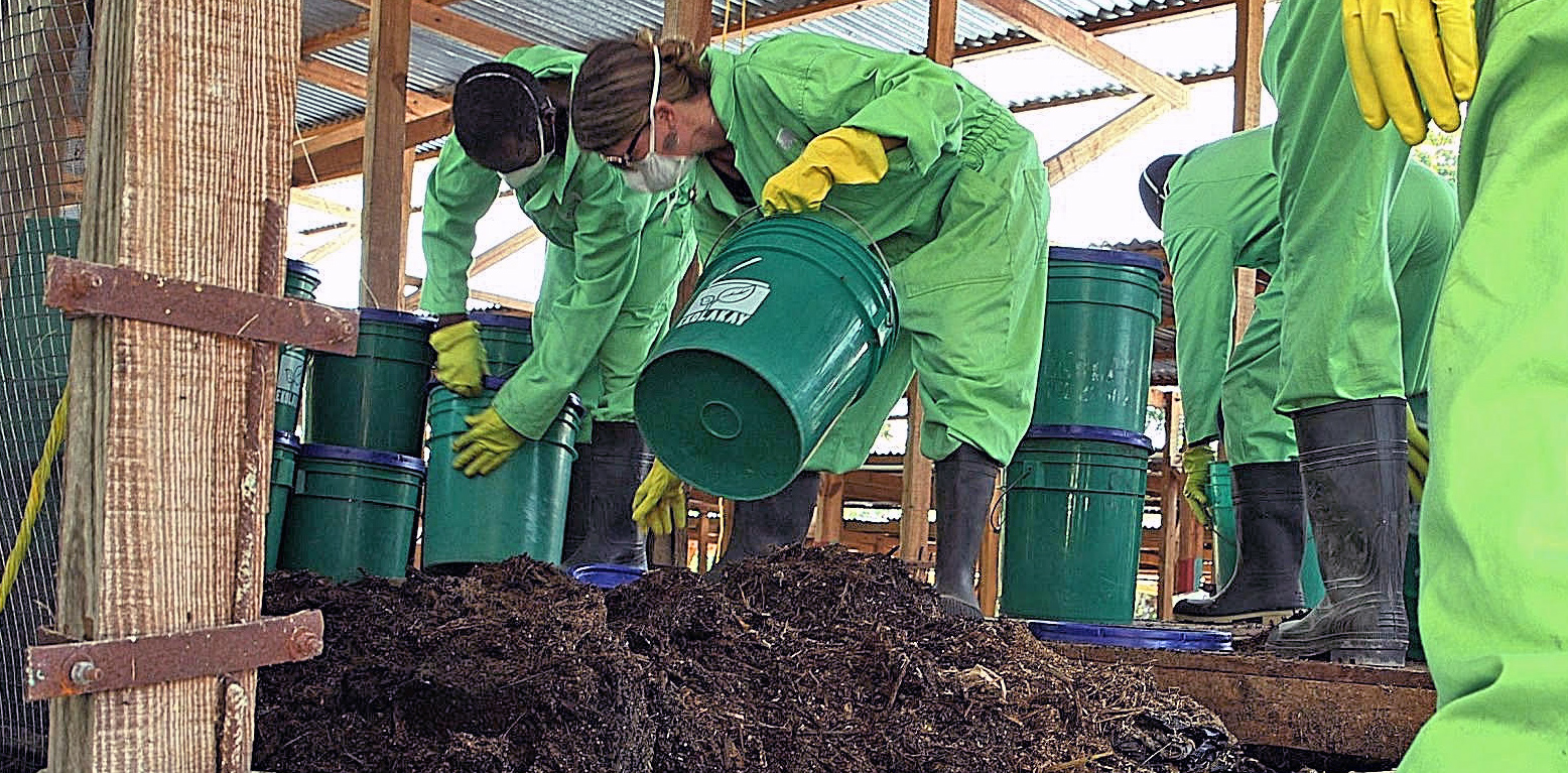 Sasha Kramer distributing compost with pails alongside colleagues 