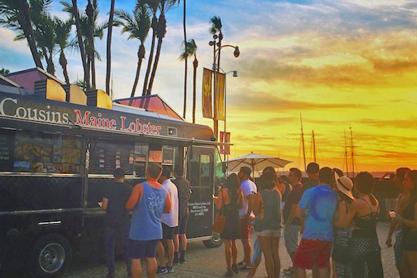 A Cousins Maine Lobster food truck parked on the San Diego waterfront.
