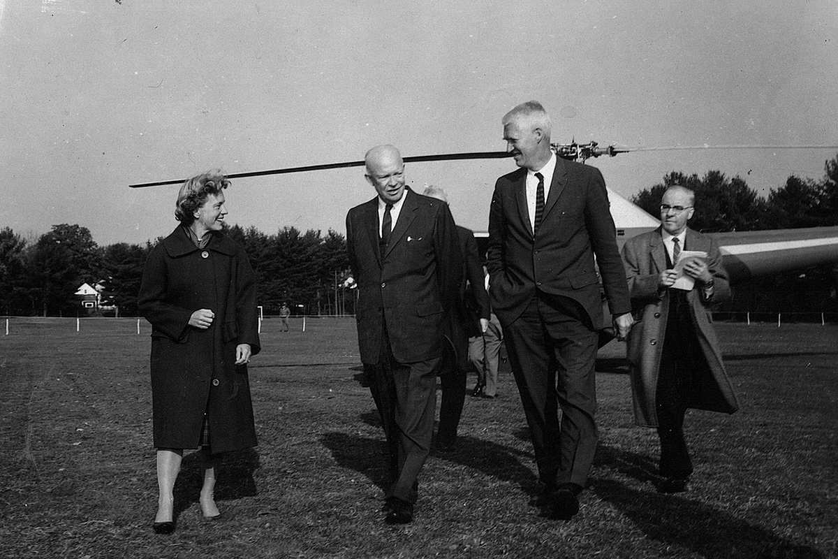 President Dwight D. Eisenhower walks with Principal William G. Saltonstall and his wife, Katharyn, during a visit to Exeter in 1962.