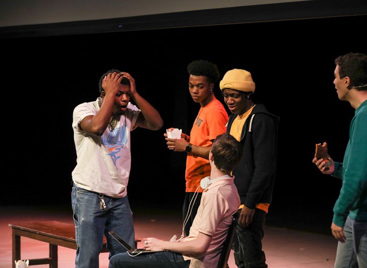 Actors in the play titled Now That We’re Men on the main stage at Phillips Exeter Academy.