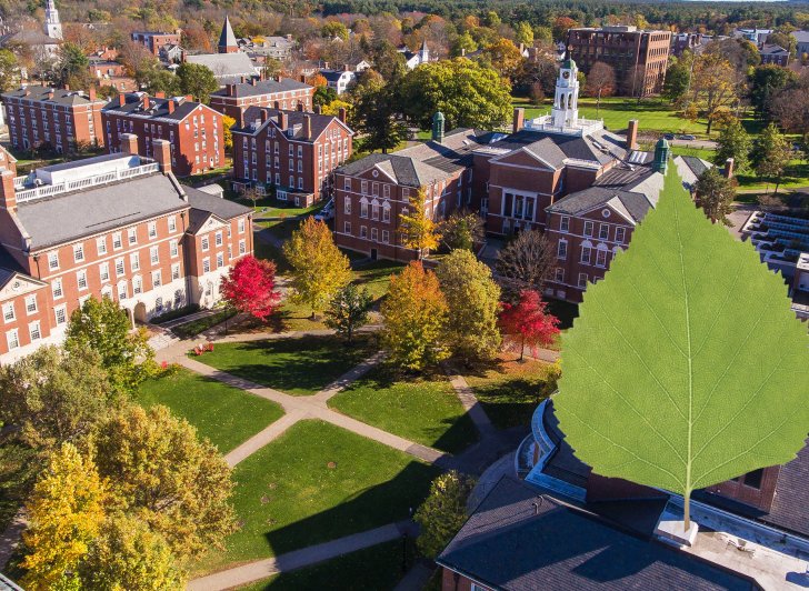 Exeter campus seen from above with green leaf superimposed