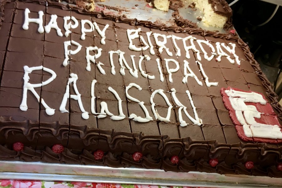 The Dining Services team earned straight A's with this birthday cake for Principal Bill Rawson.