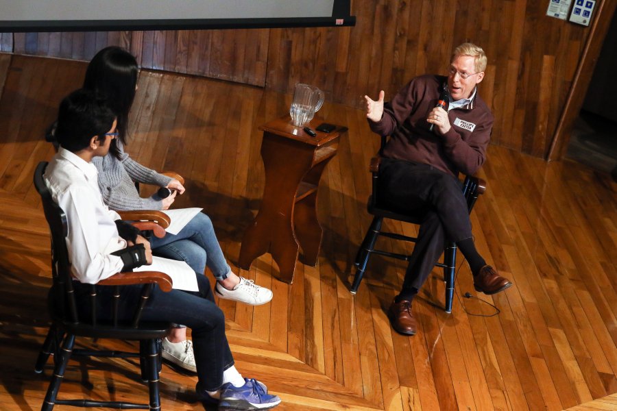 Principal Bill Rawson answers questions from Student Council leaders during an assembly Tuesday, March 26, 2019.