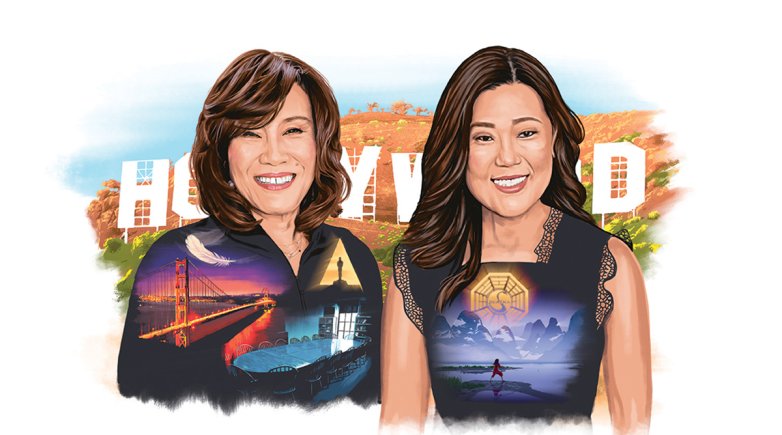 An illustration of two Asian women in front of the Hollywood sign.