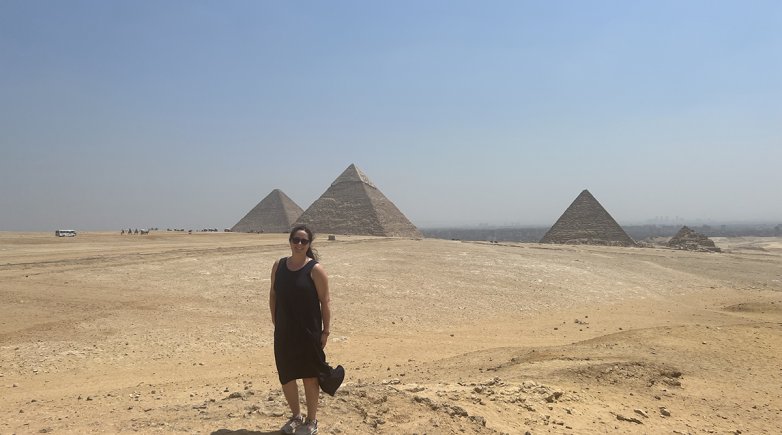Sally Komarek in front of the pyramids