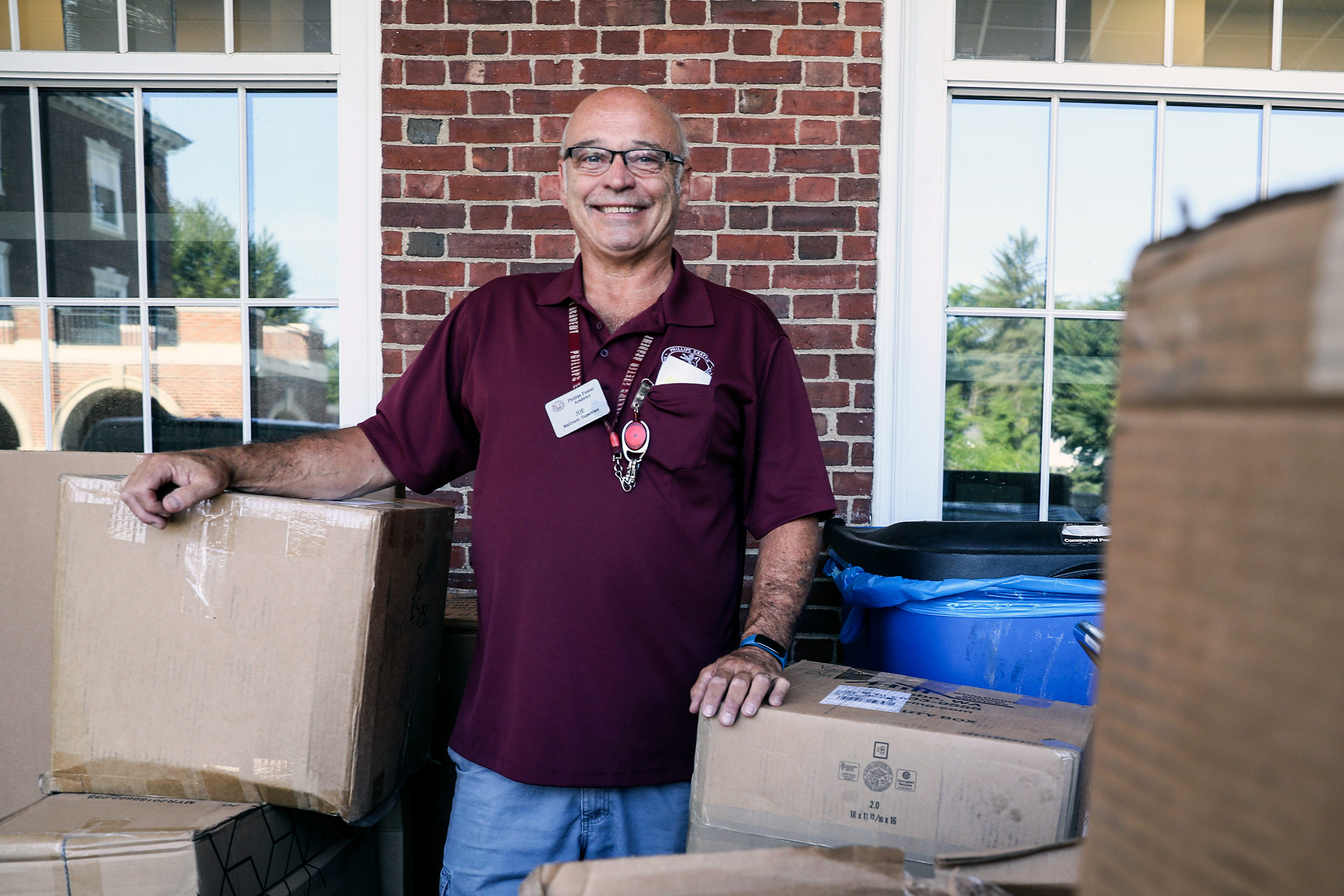 Joe Goudreault with packages at the Post Office landing dock. 