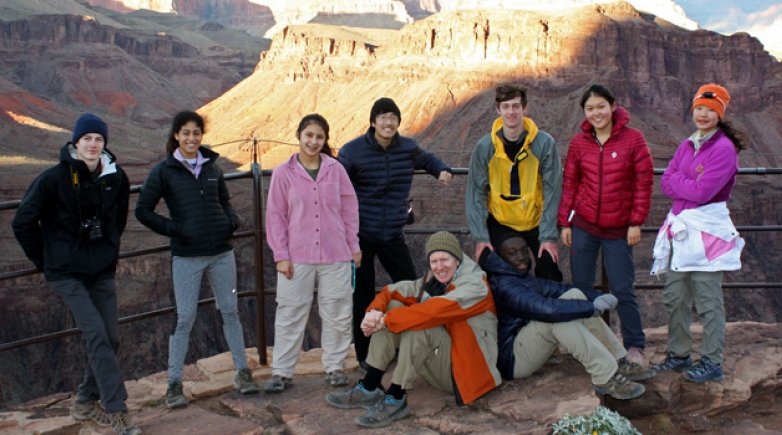 Photo of eight Exeter students who traveled to Arizona and the desert Southwest for a weeklong trip featuring hiking and wilderness camping.