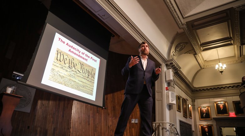 First Amendment lawyer Greg Lukianoff address assembly Tuesday in Assembly Hall. 